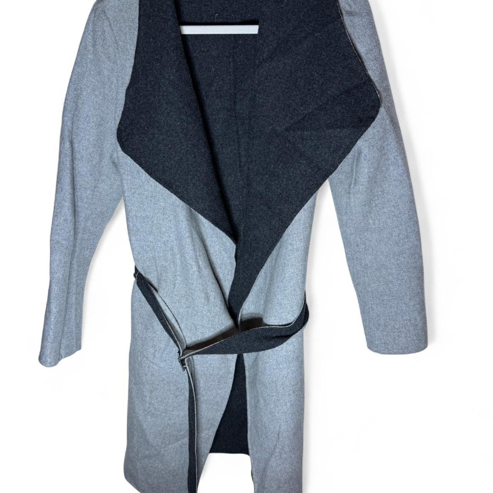 White House Black Market Wool Blend Grey Colorblock Belted Wrap Coat Womens
